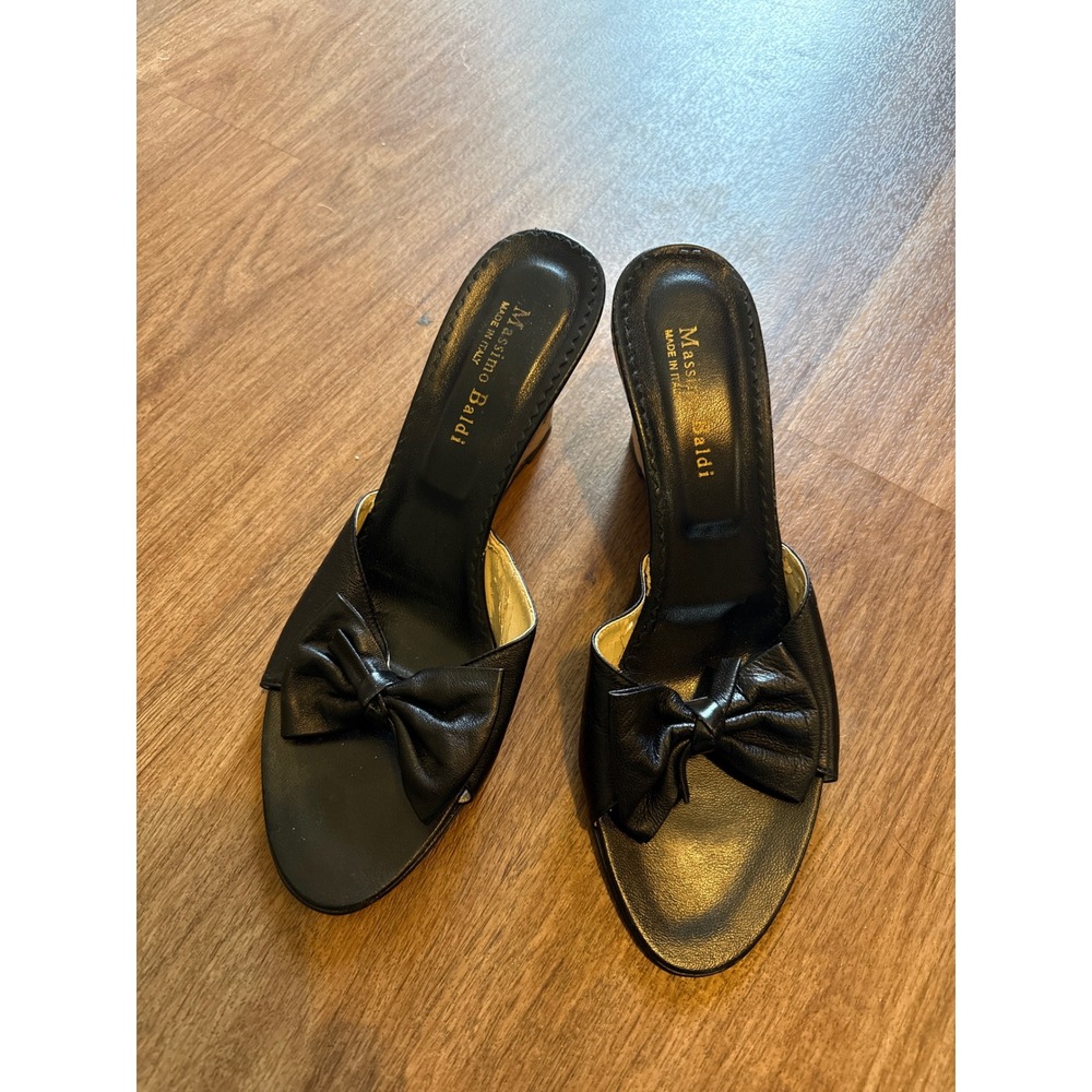 Massimo Baldi Black Leather Bow‎ Cork Wedge Sandals Made in Italy Womens Size 9